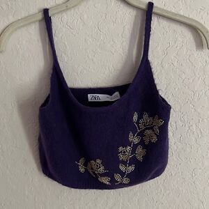 ZARA PURPLE CROP TOP WITH GOLD BEAD FLORAL PRINT SIZE SMALL NWOT
